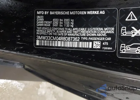 2024 BMW 230I xDrive z USA, uszkodzony, nr VIN 3MW33CM04R8D87362